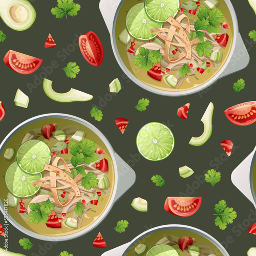 Seamless pattern with lime soup. National Mexican food. Suitable for decorating menus, restaurants, flyers, coupons