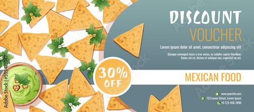 Discount voucher, mexican food template design. Coupon with nachos and guacamole sauce. Banner, poster, flyer, advertising for a restaurant