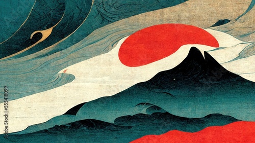 Red and blue gradient mountains, generated by modern, retro, traditional and classic Japanese Ukiyo-e style design elements Ai, in the style of Katsushika Hokusai with Japanese paper texture