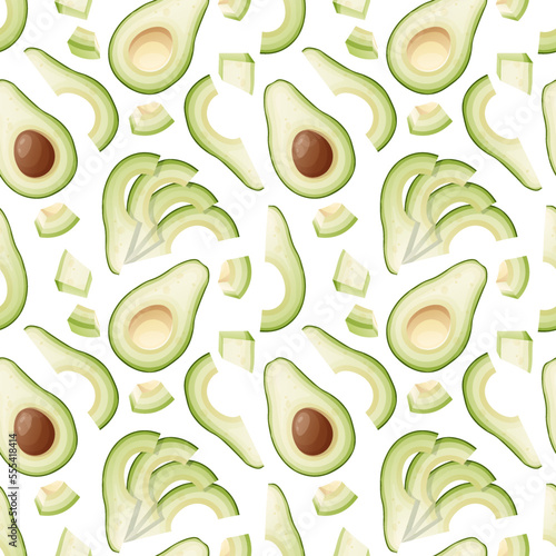 Seamless pattern with green avocado slices. Traditional Mexican food. Delicious yummy product. Texture for fabric, wallpaper, restaurant paper and menu