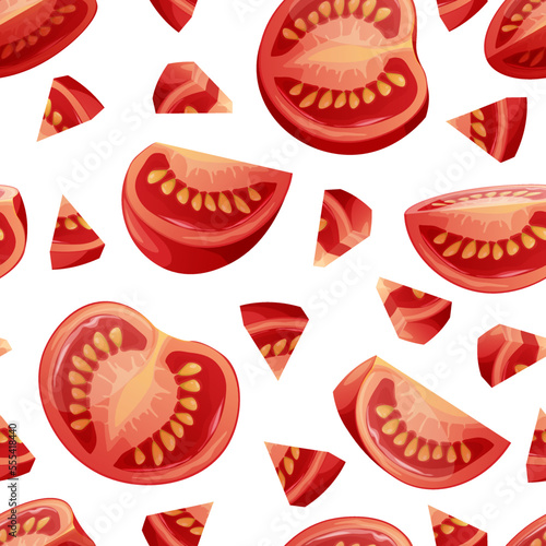 Seamless pattern with tomato slices. Traditional healthy cuisine. Delicious vegetable. Texture for fabric, wallpaper, restaurant paper and menu