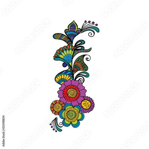 Vector Oriental motif of flowers. Original Floral design with of a woody vine with exotic flowers, tropic leaves and smaller birds. Tree of life Colorful flowers on a white background. Folk style.