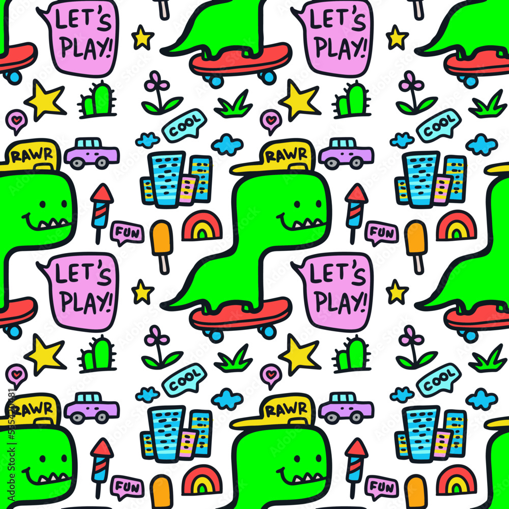 Naklejka premium Doodle little dinosaur riding skateboard with various city objects doodle illustration seamless pattern