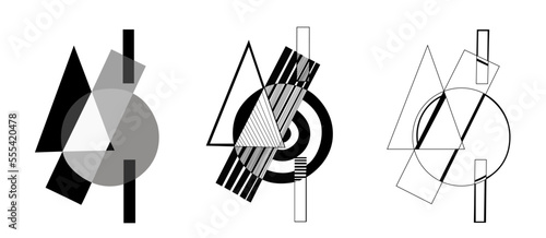 Minimalist geometric abstract art. Black and white pattern patterns of circles, triangles and lines. Set of three vectors. Concept of miracle wall.