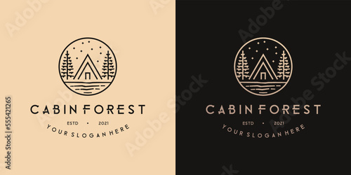 Cabin forest nature campground in the jungle monoline logo design