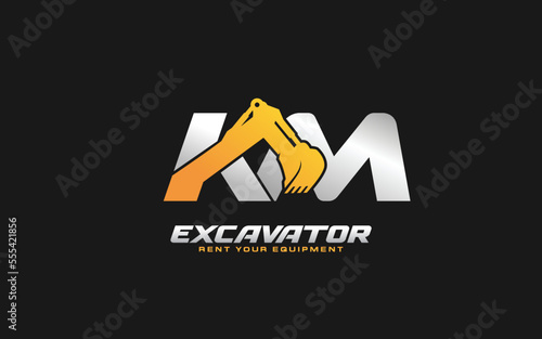KM logo excavator for construction company. Heavy equipment template vector illustration for your brand.