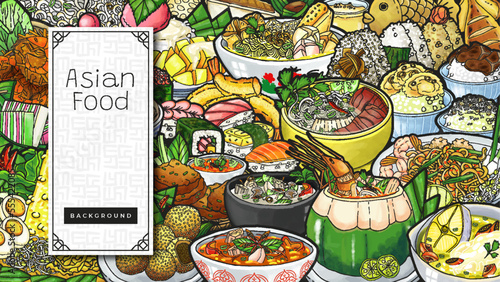 Colorful Doodle Hand Drawn Variety as Asian Food Background