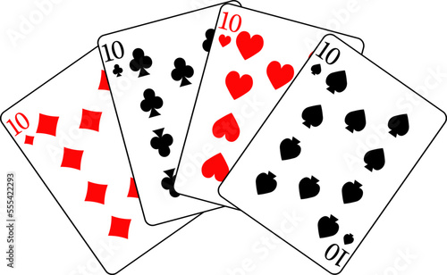 Cards number ten of different suits are spread out in a fan.