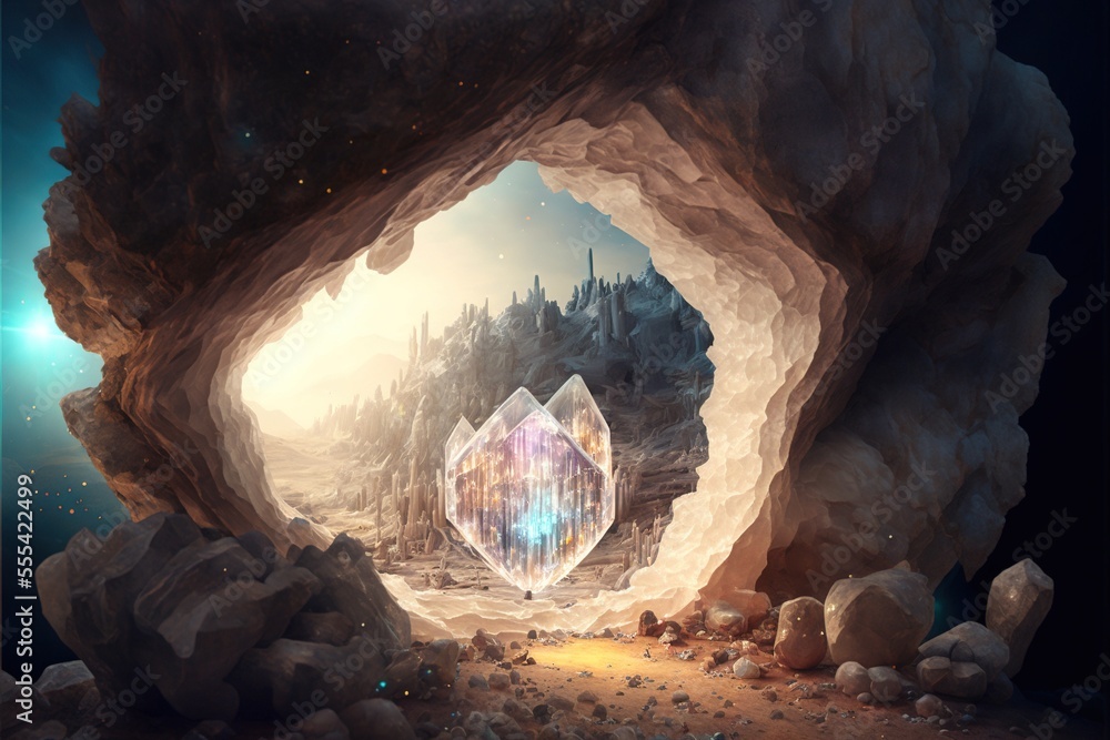 Fantasy Clear quartz cave, crystal, quartz, old geology. Quartz cavern. Digital illustration. AI - obrazy, fototapety, plakaty 