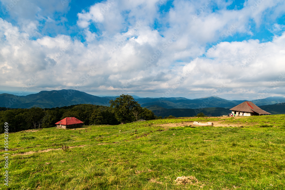 Carpathians mountains in Romania with mountain meadow, older and newer chalet and wild mountains coverede by deep forest