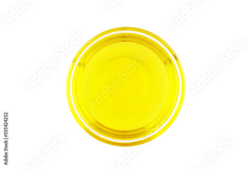 Top view of cooking oil in glass bowl isolated on white background
