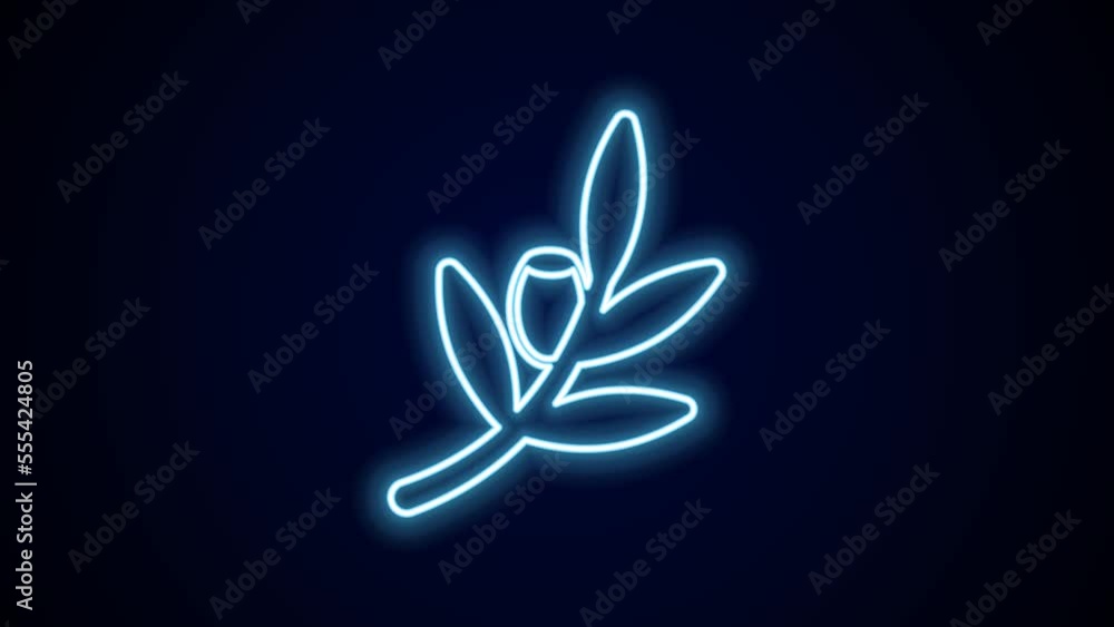 Glowing neon line Olives branch icon isolated on black background. 4K Video motion graphic animation Glowing neon line Olives branch icon isolated on black background. 4K Video motion graphic animation