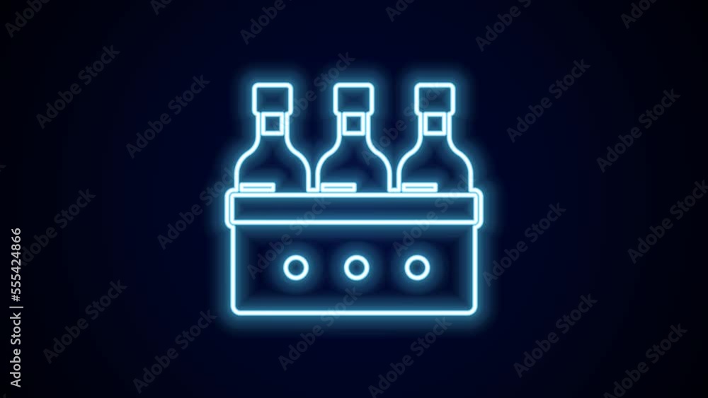 Glowing neon line Bottles of wine in a wooden box icon isolated on black background. Wine bottles in a wooden crate icon. 4K Video motion graphic animation Glowing neon line Bottles of wine in a wooden box icon isolated on black background. Wine bottles in a wooden crate icon. 4K Video motion graphic animation