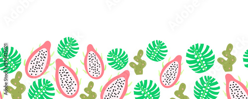 Pitaya, cactus and monstera leaves horizontal seamless border pattern. Suitable for tiles, decorations, textile, fabric, wrapping and more. Tropical plant seamless border repeat horizontal pattern.