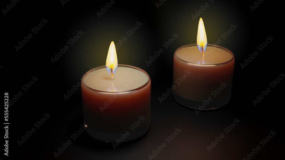 Candle with glass jar isolated on black background. Aromatic wax round spa candle with burning flame light. 3D rendering realistic candlelight element design. Candle with glass jar isolated on black background. Aromatic wax round spa candle with burning flame light. 3D rendering realistic candlelight element design.