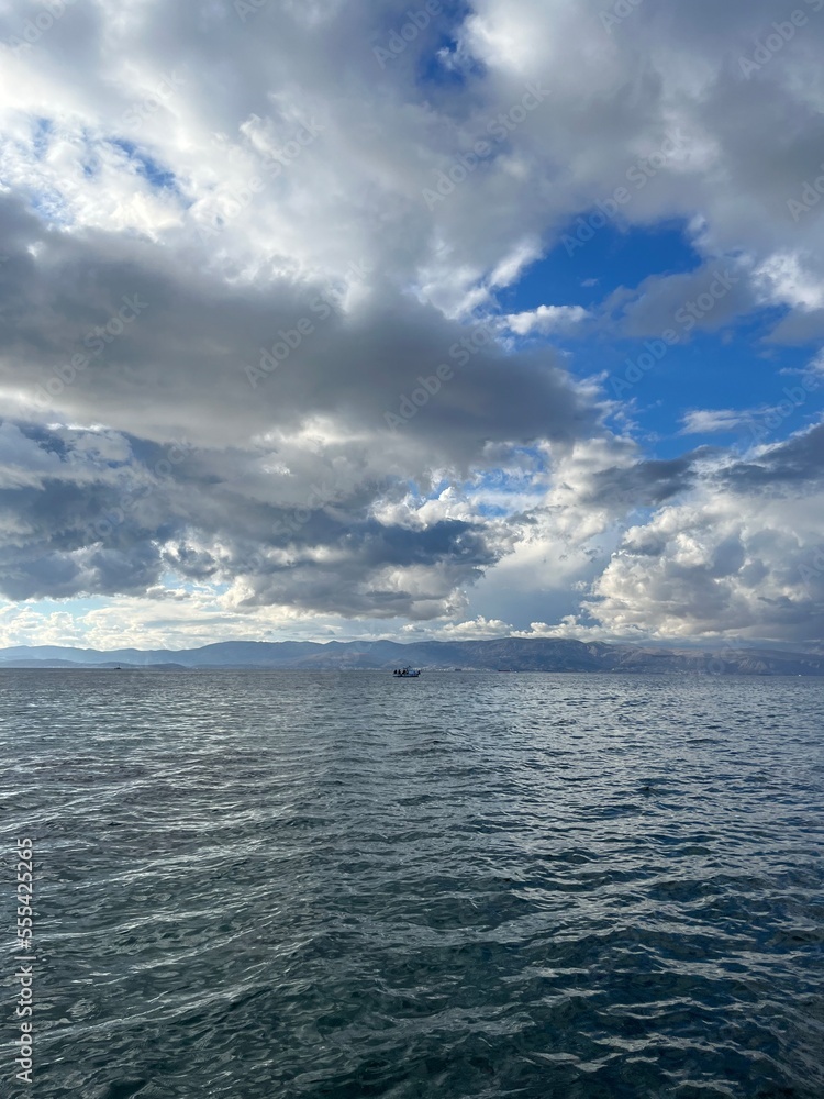 cloudy seascape, sea view, deep blue sea background
