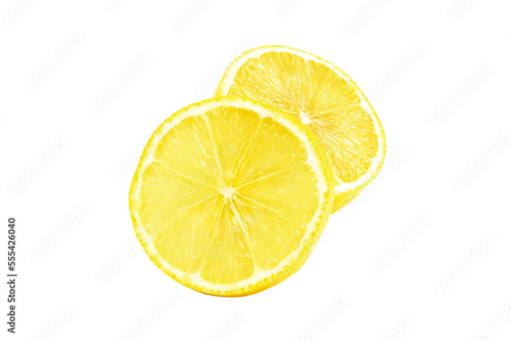 Lemon citrus fruits, half and slice isolated on white background Lemon citrus fruits, half and slice isolated on white background