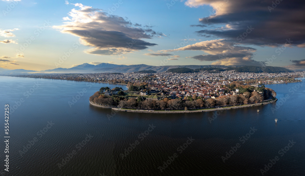 Obraz premium Giannena city Greece, Pamvotida Lake Epirus. Drone, aerial view of Ioannina background.