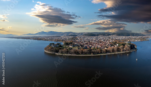Giannena city Greece, Pamvotida Lake Epirus. Drone, aerial view of Ioannina background. photo
