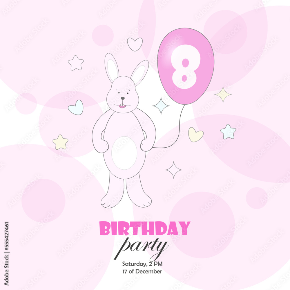 A postcard, an invitation to a birthday party with a pink bunny and a balloon and the number 8. Vector illustration