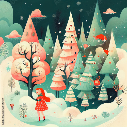 Cozy winter holiday illustrations houses mountains trees unique cartoon vector style image of chrismtas forest