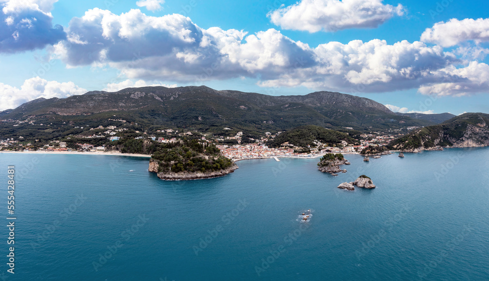 Greece Parga coast. Aerial drone view of city the Castle and Panagia island
