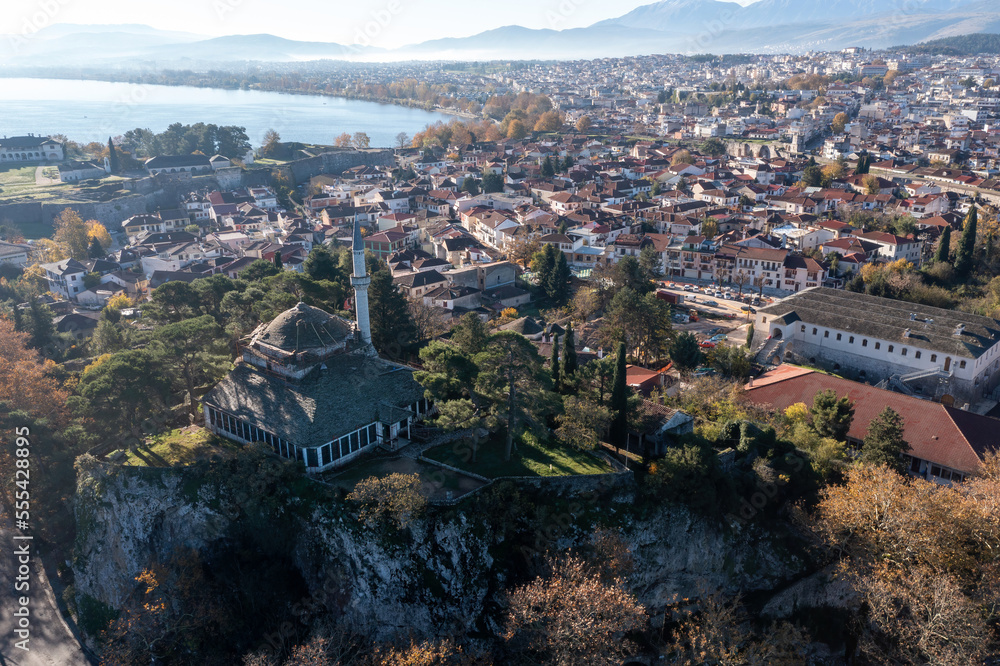 Greece, Ioannina Pamvotida Lake, Epirus. Aerial drone view of Giannena city.