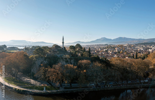 Greece, Ioannina. Aerial drone view of Giannena city and Aslan Pasha mosque
