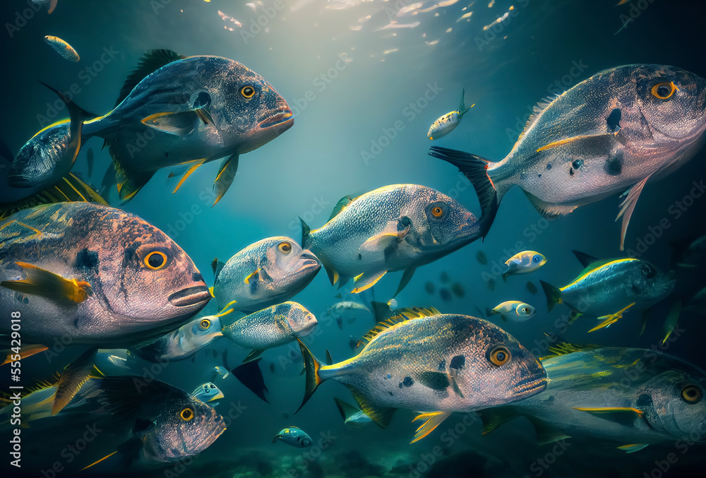 Naklejka premium Schwarm von Salzwasserfischen im Ozean mit Lichtstrahlen von oben