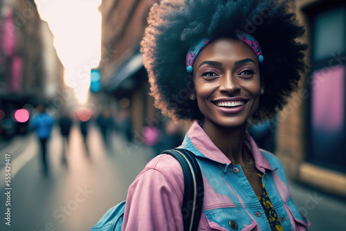 Generative AI illustration of cheerful black woman on street photo