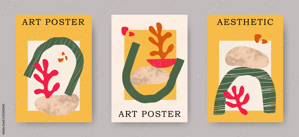 Vector modern set of abstract contemporary aesthetic posters with geometric balance shapes, stones, plant corals. Trendy mid century modern art illustrations, prints, boho minimalistic wall decor Vector modern set of abstract contemporary aesthetic posters with geometric balance shapes, stones, plant corals. Trendy mid century modern art illustrations, prints, boho minimalistic wall decor