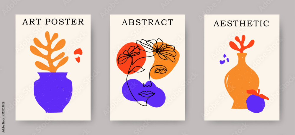 Vector set of abstract posters of trendy line art woman face with flower coral compositions. Aesthetic creative floral illustrations and art posters for print, cover