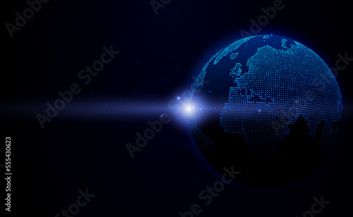 Digital technology worldwide global network internet connection blue background, Abstract cyber tech futuristic planet map world, Ai big data, Innovation 5g wireless wifi future, illustration vector