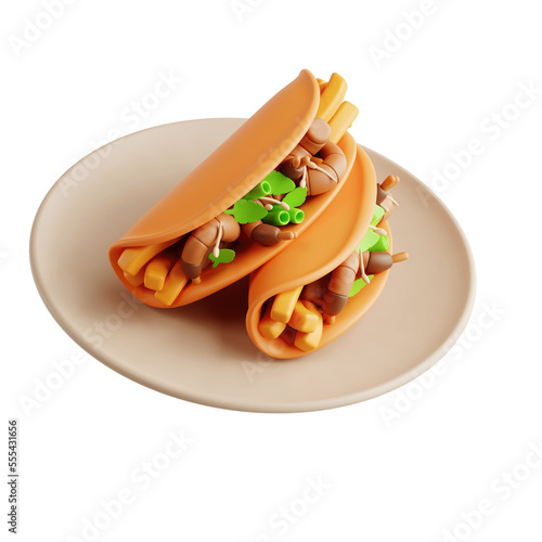 3d rendering Vietnamese Banh Xeo crepes stuffed with pork, shrimp and bean sprouts and a spicy Nuoc Cham sauce closeup on a plate photo