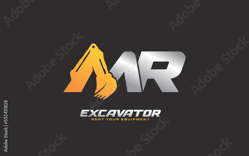 MR logo excavator for construction company. Heavy equipment template vector illustration for your brand.