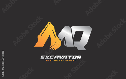 MQ logo excavator for construction company. Heavy equipment template vector illustration for your brand.