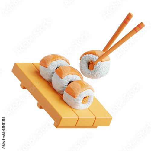 Wallpaper Mural Fresh tasty sushi with salmon in wooden chopsticks 3d rendering illustration Torontodigital.ca