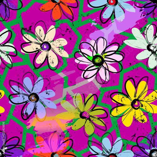 floral seamless background pattern, with flowers, geometric lines, paint strokes and splashes