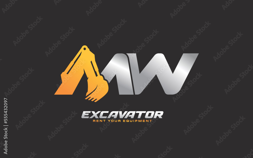 MW logo excavator for construction company. Heavy equipment template vector illustration for your brand.