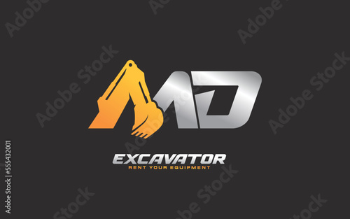 MD logo excavator for construction company. Heavy equipment template vector illustration for your brand.