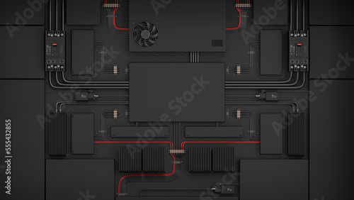 Dark industrial background with electrical equipment blocks on the wall. Technological wallpaper with control panel and automatic switches. Copy space for text in the center. 3d illustration
