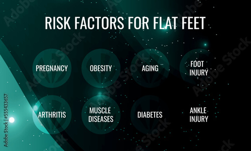 Risk Factors for Flat Feet. Vector illustration for medical journal or brochure.