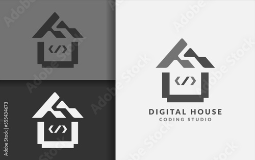 Abstract Digital House Logo Design with Minimalist Modern Style Concept.