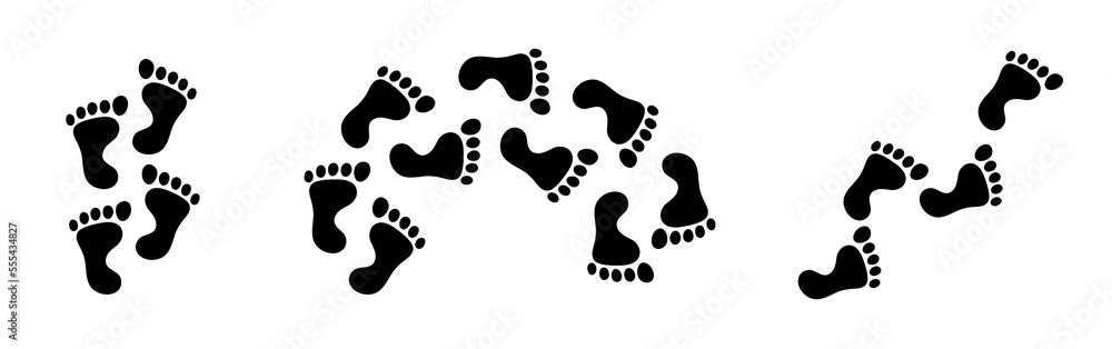 Bigfoot footprints on the ground. Path from traces. Vector black footprints isolated on white background. Bigfoot footprints on the ground. Path from traces. Vector black footprints isolated on white background.