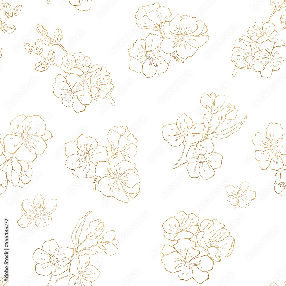 Watercolor Seamless Pattern with Sakura, Cherry Flowers on the white Background.