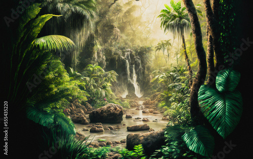 amazing waterfall in a tropical paradise landscape environment during sunset