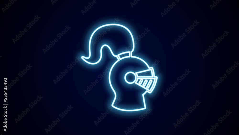 Glowing neon line Medieval iron helmet for head protection icon isolated on black background. Knight helmet. 4K Video motion graphic animation Glowing neon line Medieval iron helmet for head protection icon isolated on black background. Knight helmet. 4K Video motion graphic animation