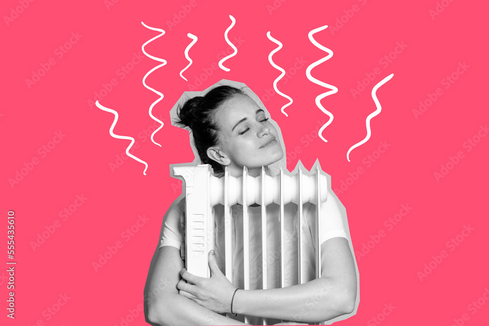Obraz premium Photo collage of a woman hugging a warm radiator in a black-white filter, on a cartoon background.