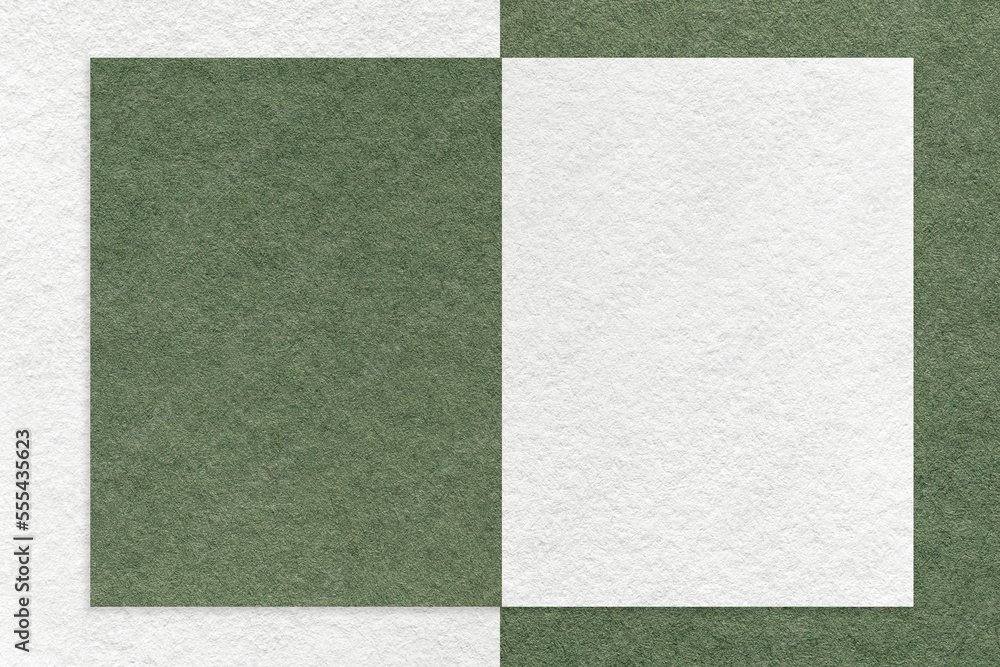 Fototapeta premium Texture of white and green paper background with geometric shape and pattern, macro. Structure of craft olive cardboard