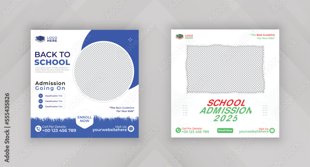 School admission social media post banner design or square web banner vector design template School admission social media post banner design or square web banner vector design template